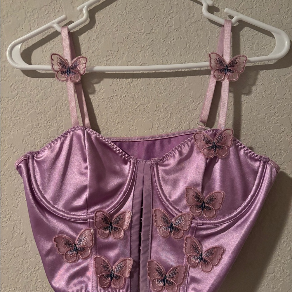 Purple Satin Corset Top with Butterfly Accents